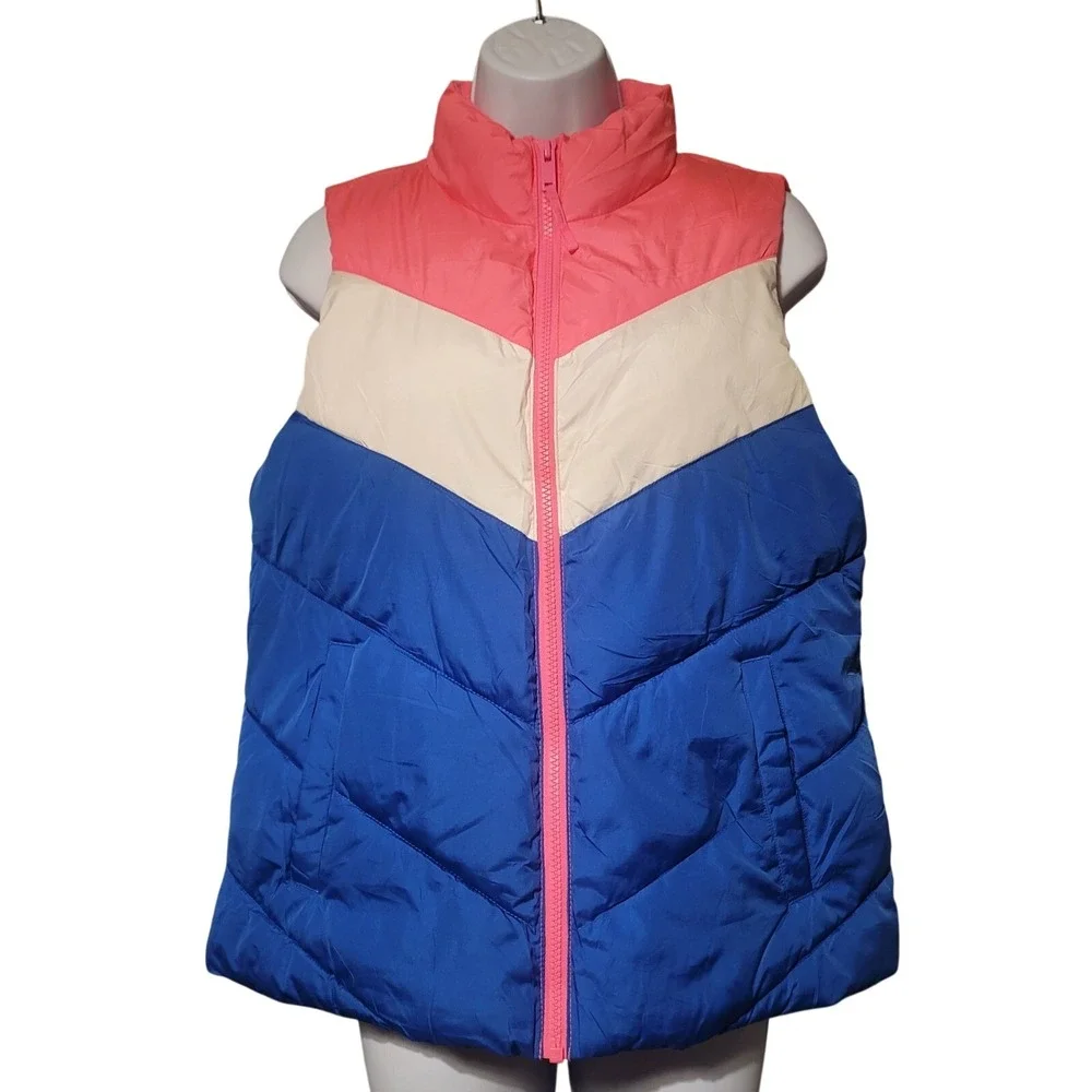 Gap‎ Womens Colorblock Chevron Puffer Vest Pink Blue Cream Size M Full Zip